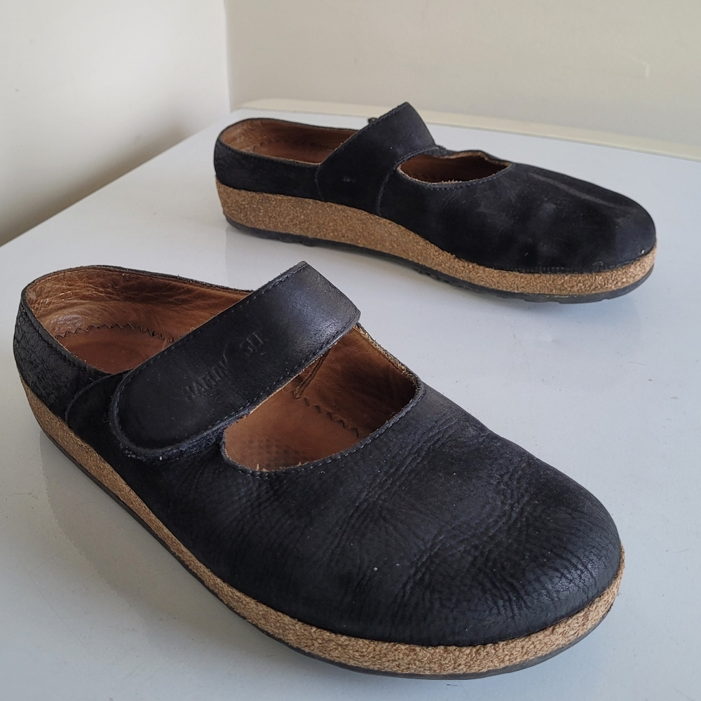 Haflinger Black Leather Mary Jane Clogs with Cork Sole